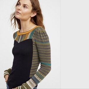 Free People Black and Multicolor Long Sleeve Top